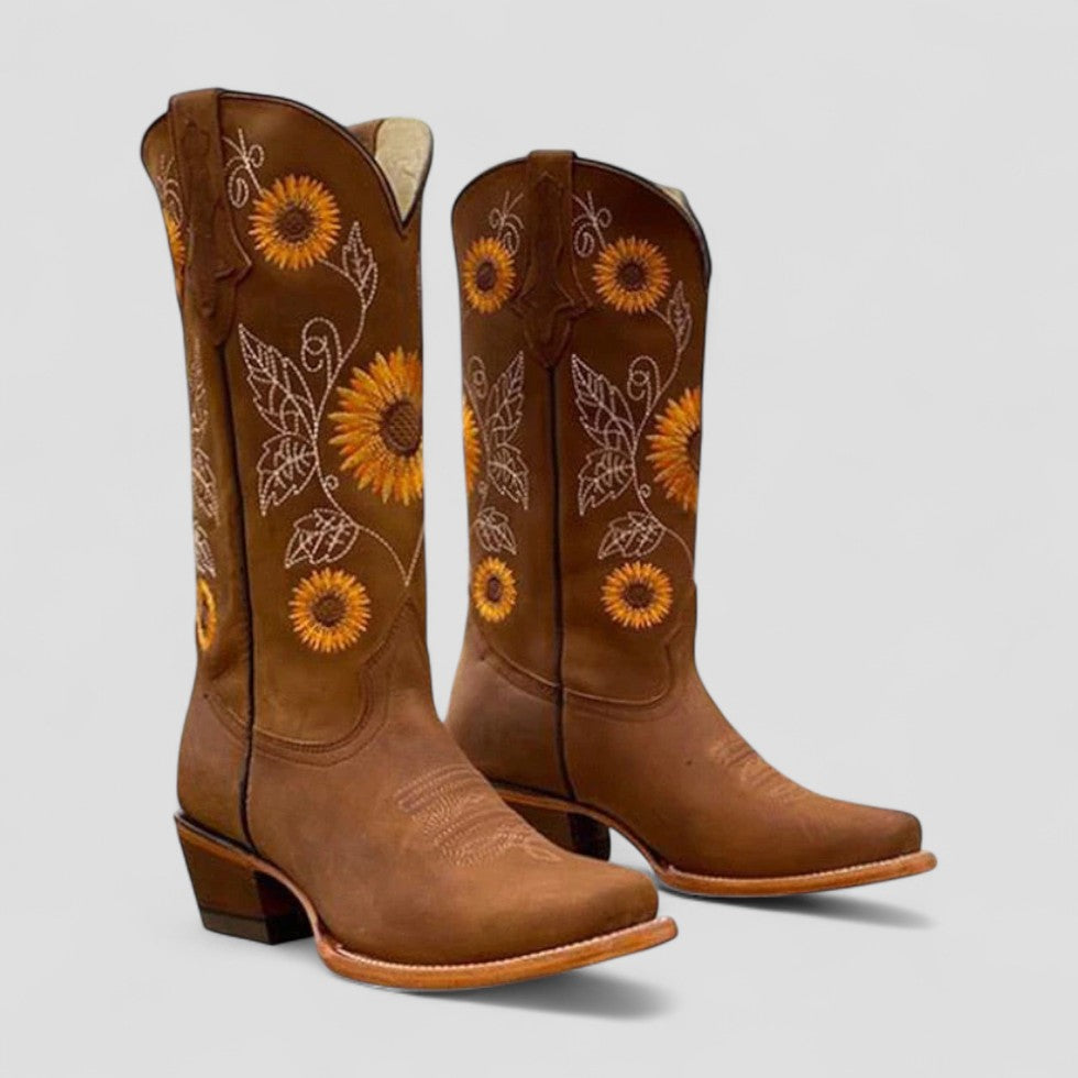FLORENCIA | Botas camperas bordadas con flores - Marrón