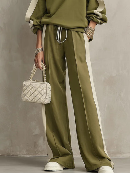 SONIA | Conjunto Casual de Sudadera Verde Oliva de Cuello Redondo y Pantalón Ancho con Cordón
