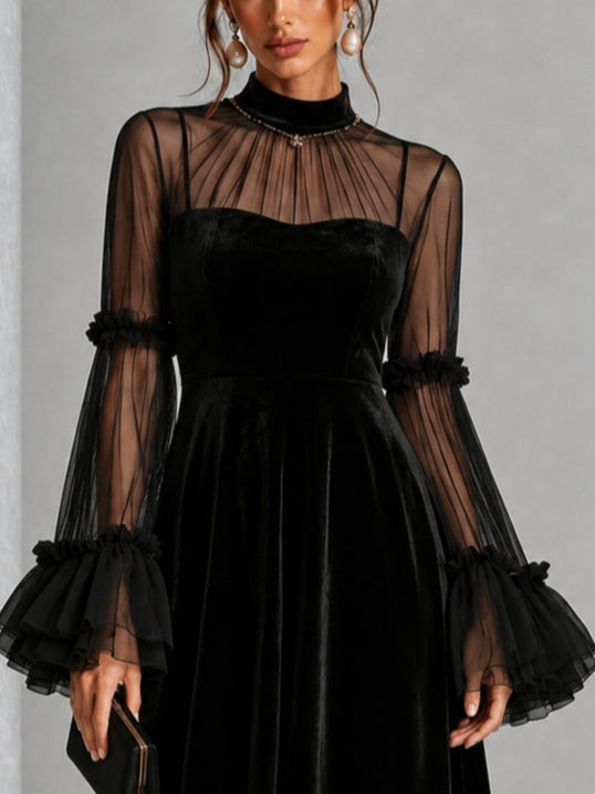 STEFANIA | Vestido Midi Plisado de Terciopelo Negro y Malla Transparente
