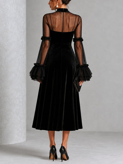 STEFANIA | Vestido Midi Plisado de Terciopelo Negro y Malla Transparente