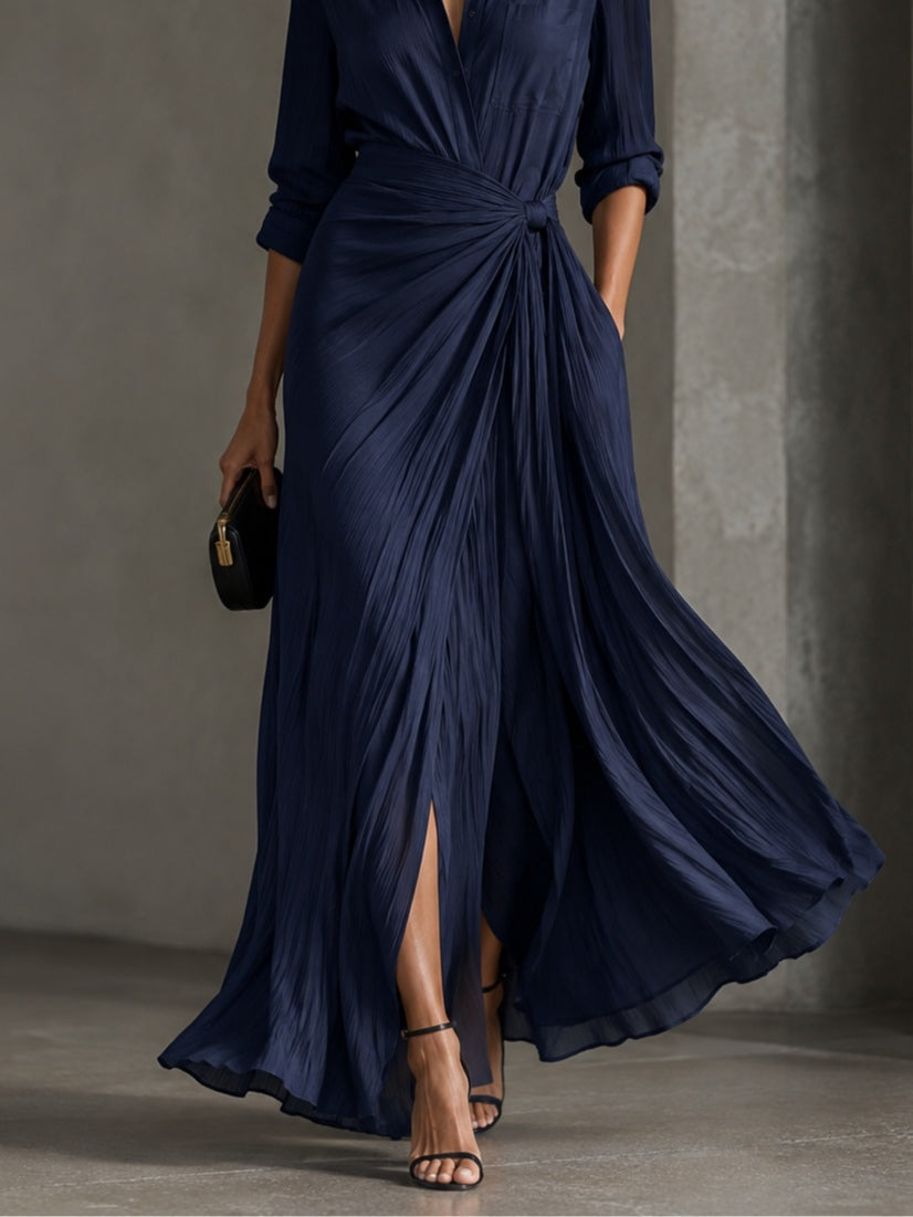 GABRIELLA | Elegante Vestido Camisero Maxi Azul Marino Anudado