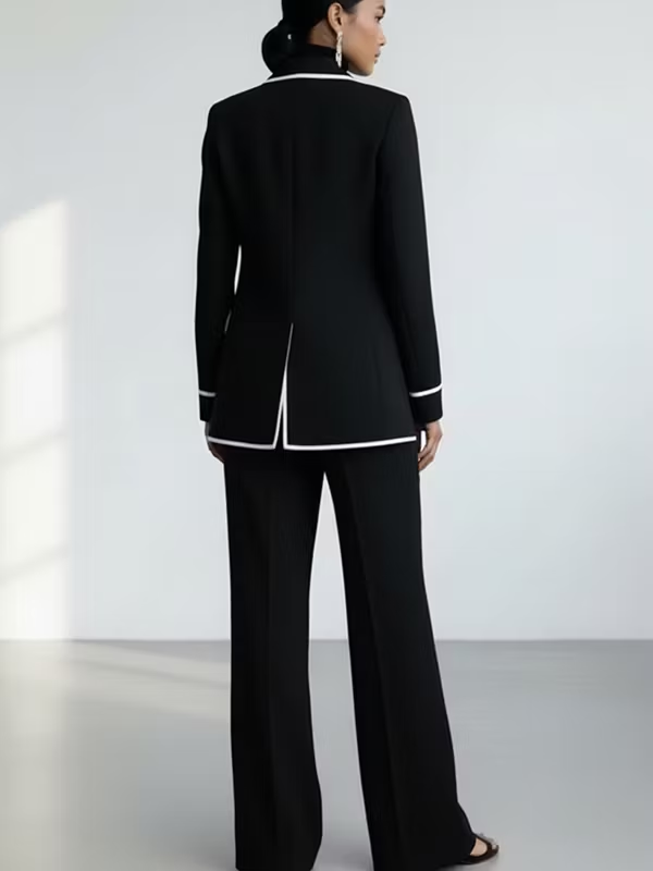 CLAUDIA | Conjunto de Dos Piezas de Blazer con Ribete en Contraste Negro y Pantalón de Pierna Ancha
