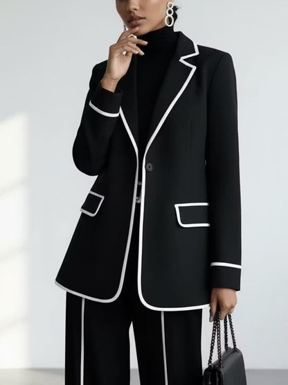 CLAUDIA | Conjunto de Dos Piezas de Blazer con Ribete en Contraste Negro y Pantalón de Pierna Ancha