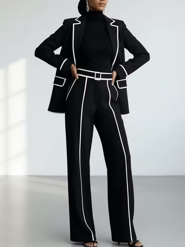 CLAUDIA | Conjunto de Dos Piezas de Blazer con Ribete en Contraste Negro y Pantalón de Pierna Ancha
