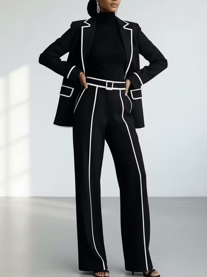 CLAUDIA | Conjunto de Dos Piezas de Blazer con Ribete en Contraste Negro y Pantalón de Pierna Ancha