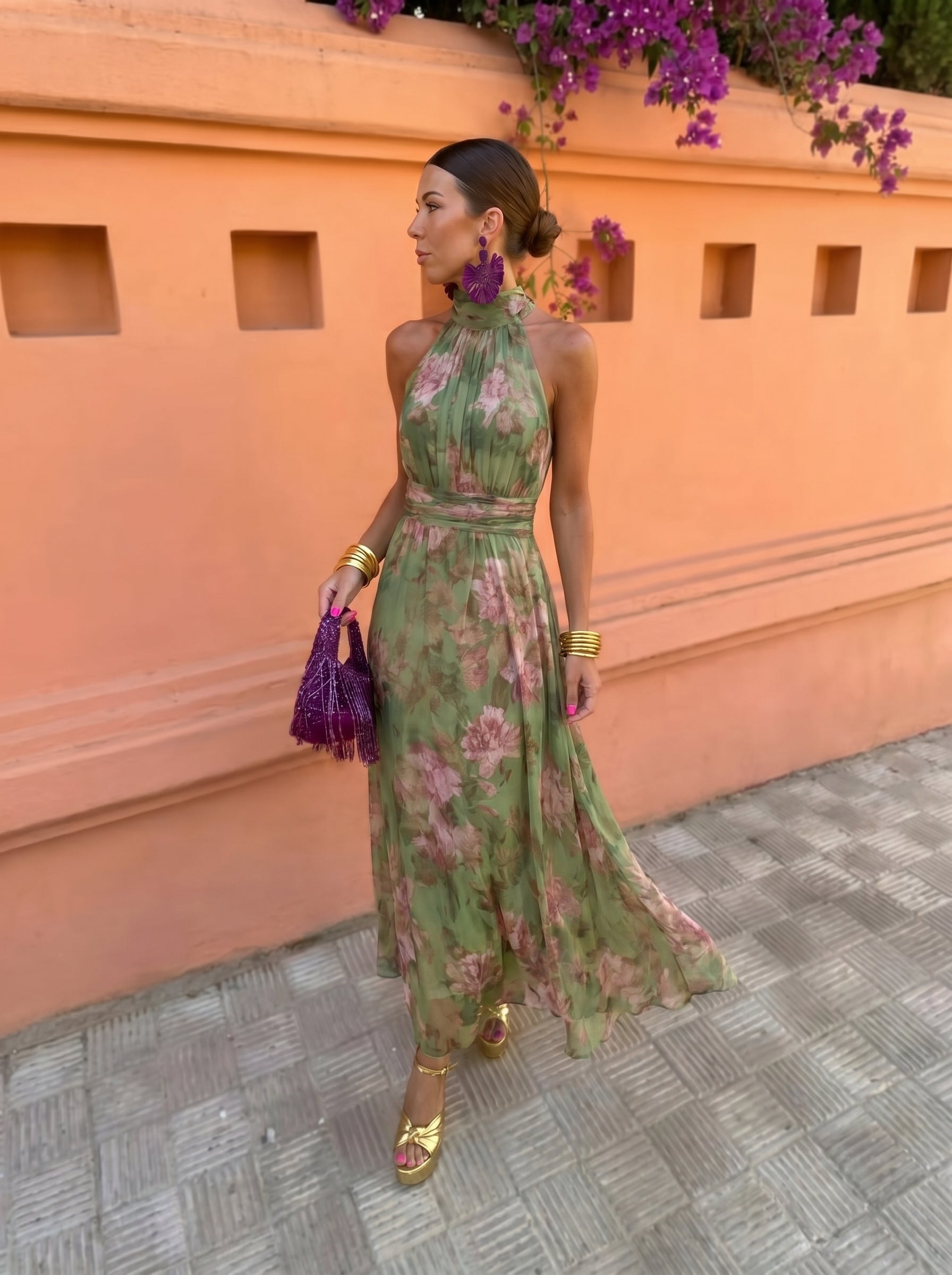 FLORENCIA | Vestido Largo Floral con Escote Profundo - Verde