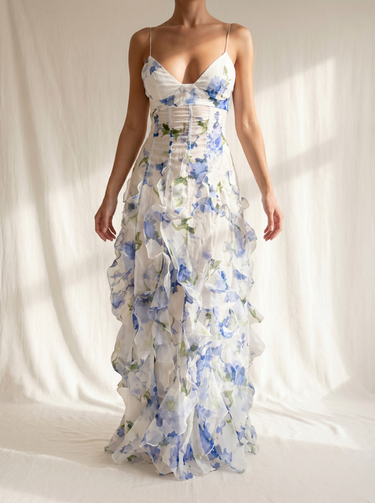 URI | Vestido Midi Floral con Volantes