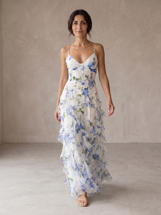 URI | Vestido Midi Floral con Volantes