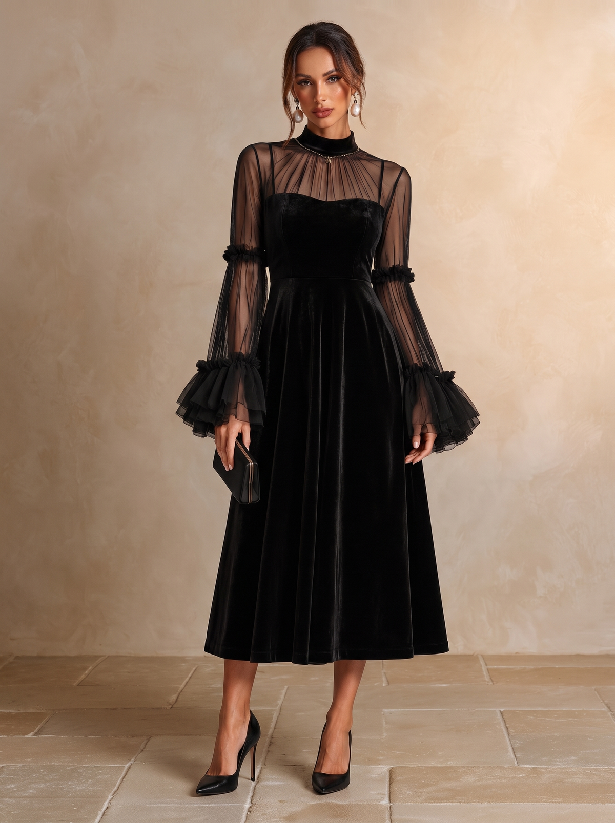 STEFANIA | Vestido Midi Plisado de Terciopelo Negro y Malla Transparente