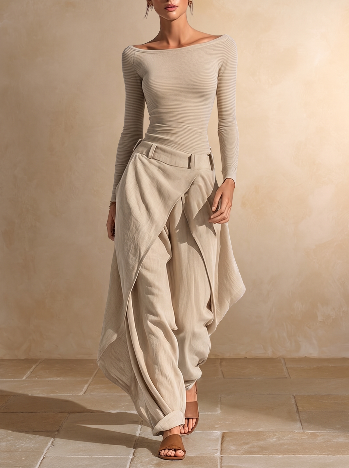 GIULIANA | Conjunto de Top Beige de Cuello Barco y Pantalón de Pierna Ancha en Capas