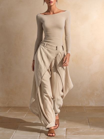 GIULIANA | Conjunto de Top Beige de Cuello Barco y Pantalón de Pierna Ancha en Capas