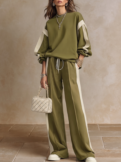 SONIA | Conjunto Casual de Sudadera Verde Oliva de Cuello Redondo y Pantalón Ancho con Cordón