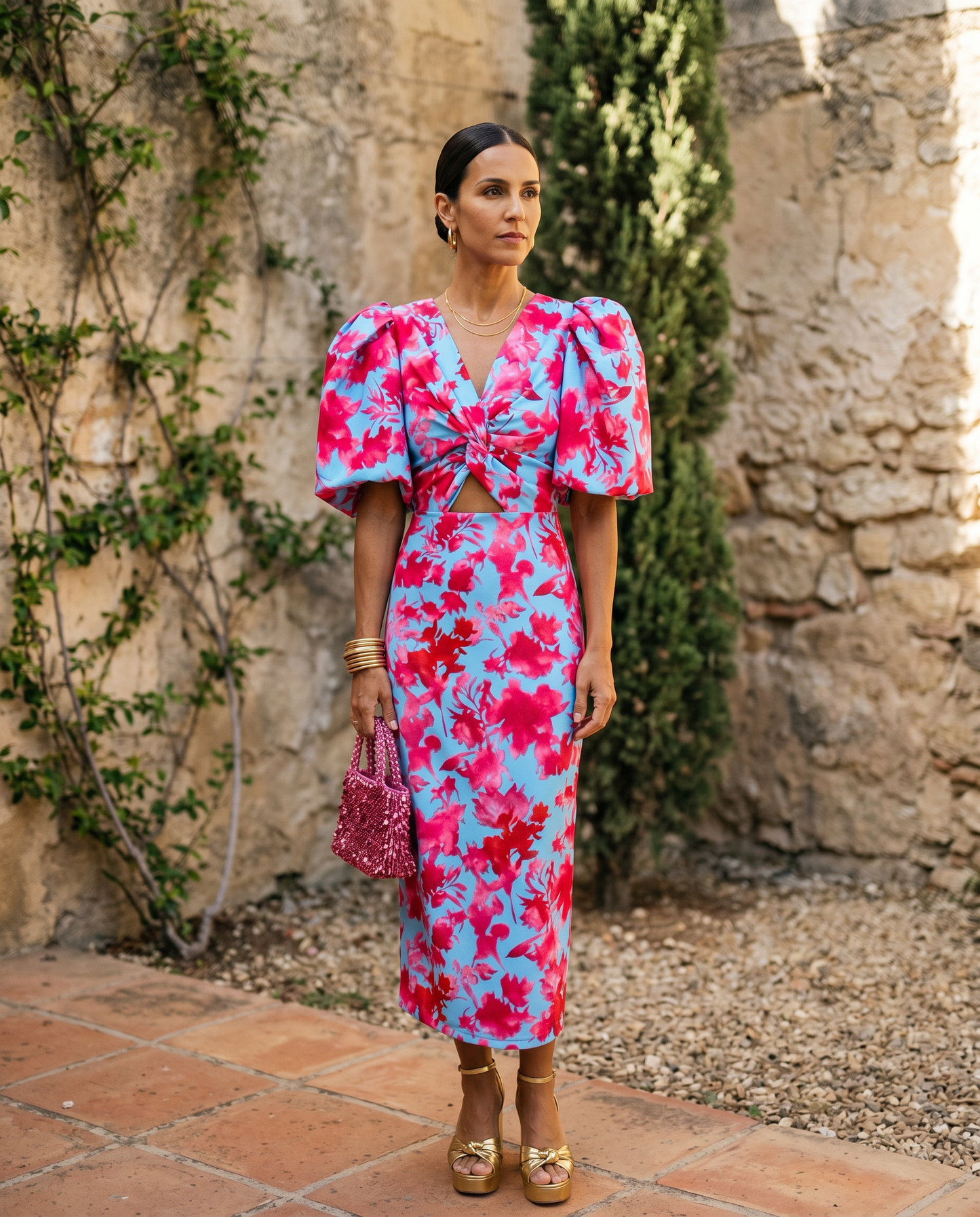 CARLA | Vestido Midi Floral con Mangas Abullonadas - Lila
