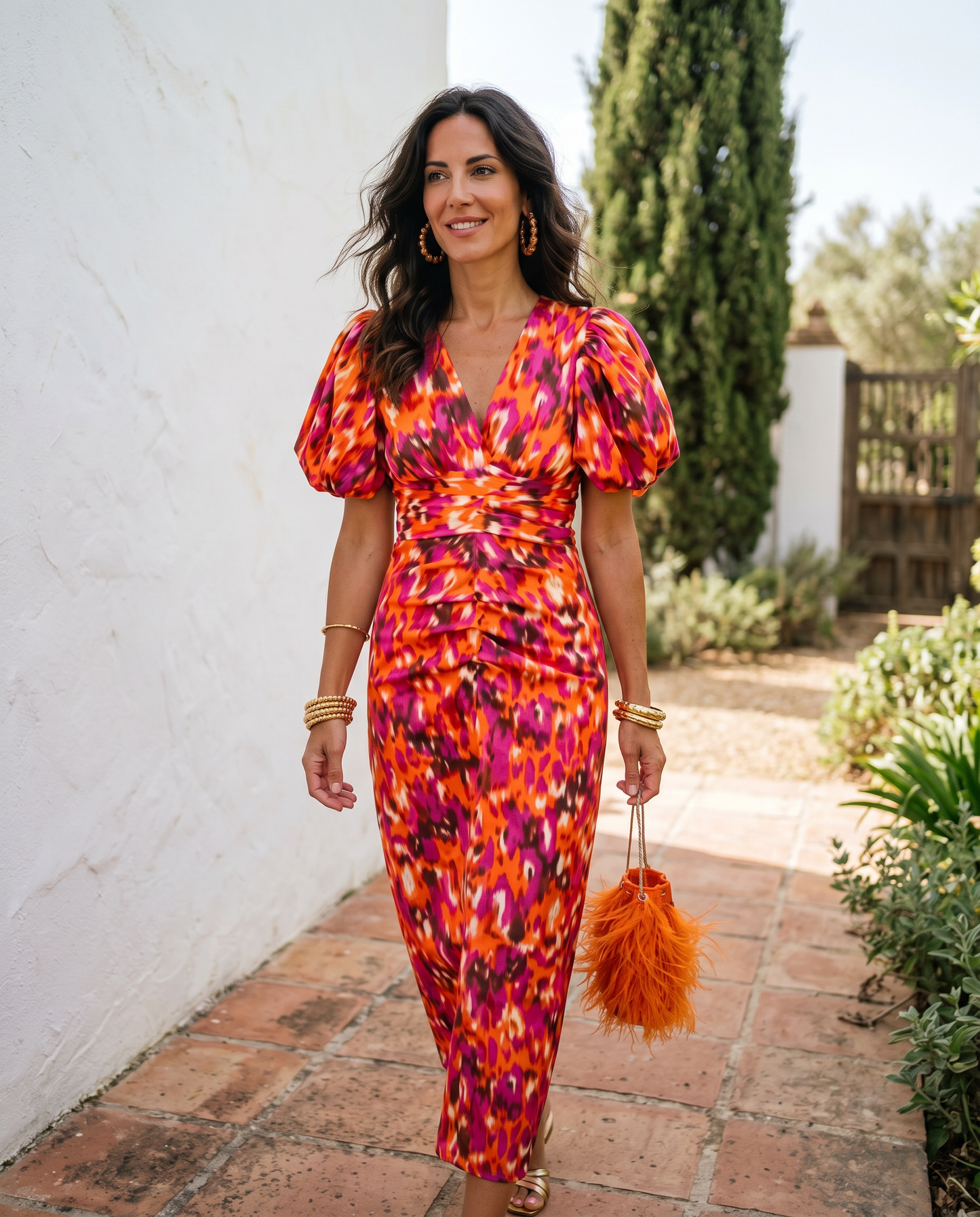 CARLA | Vestido Midi Floral con Mangas Abullonadas - Naranja