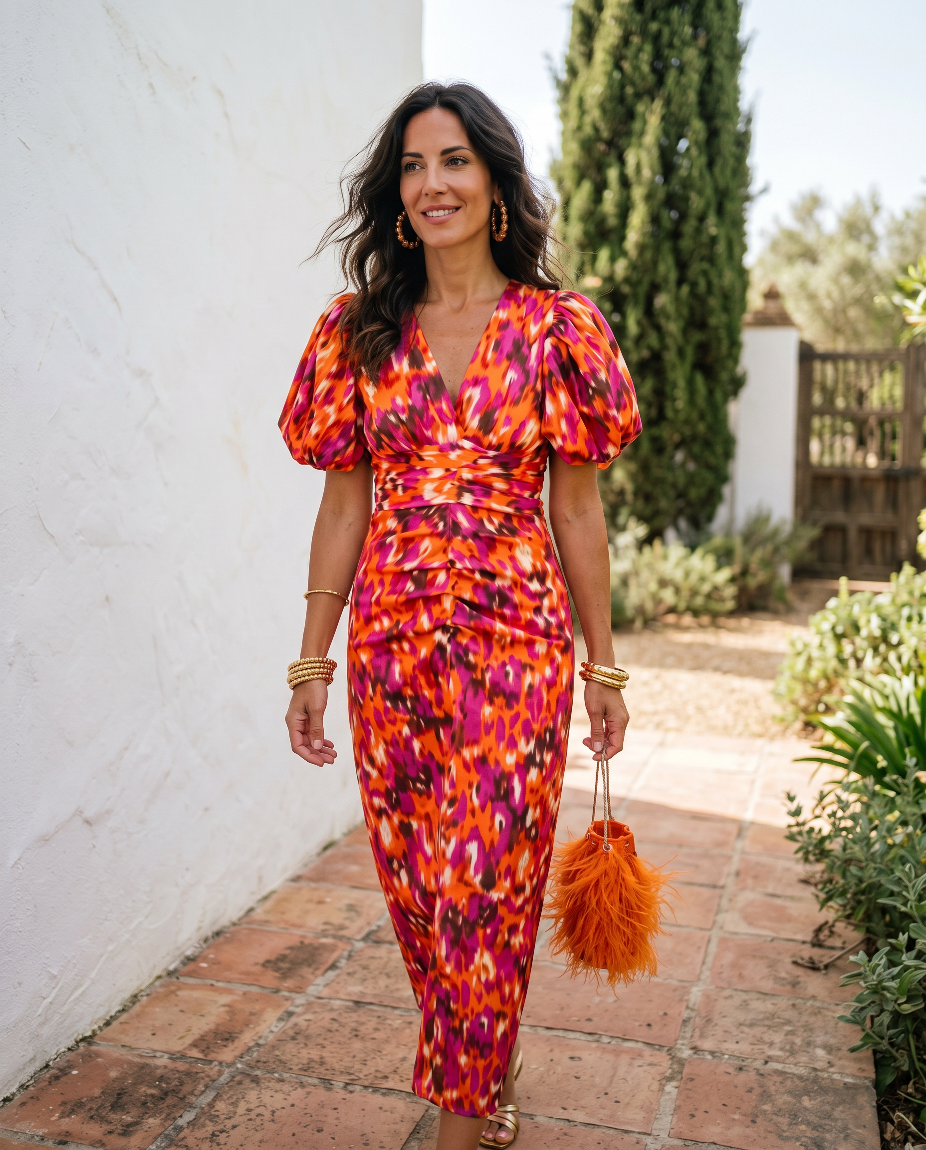 CARLA | Vestido Midi Floral con Mangas Abullonadas - Naranja